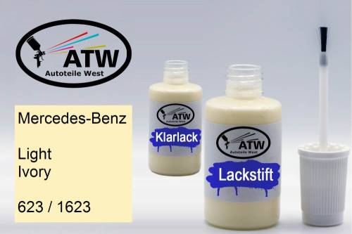 Mercedes-Benz, Light Ivory, 623 / 1623: 20ml Lackstift + 20ml Klarlack - Set, von ATW Autoteile West.